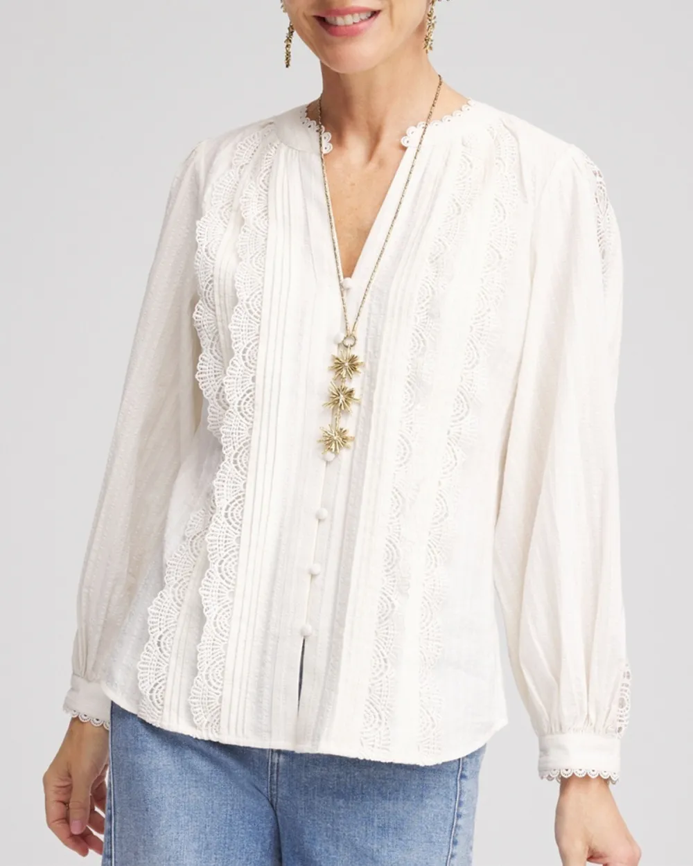Split Neck Lace Trim Blouse