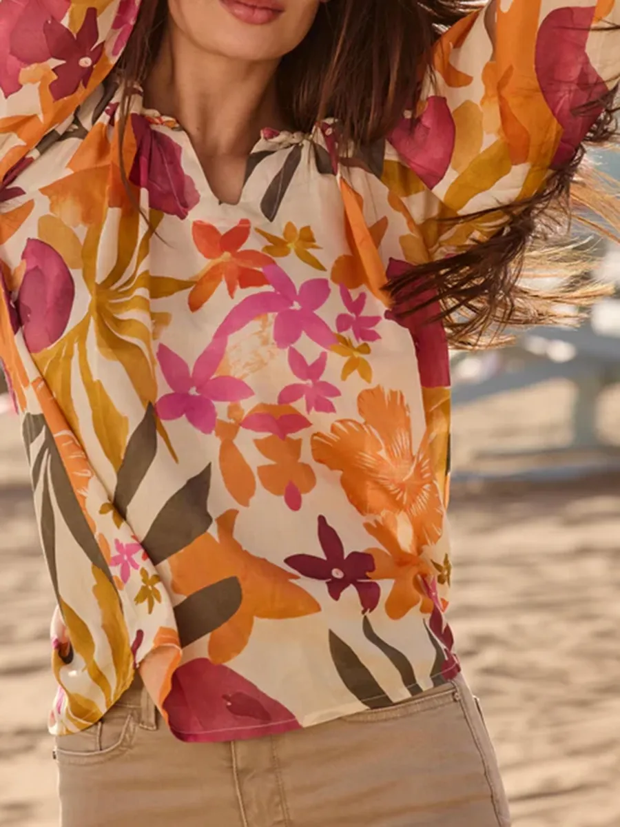 Artistic Floral All-Match V-Neck Long-Sleeved Top