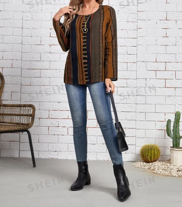 Women's Striped Geometric Round-Neck Blouse