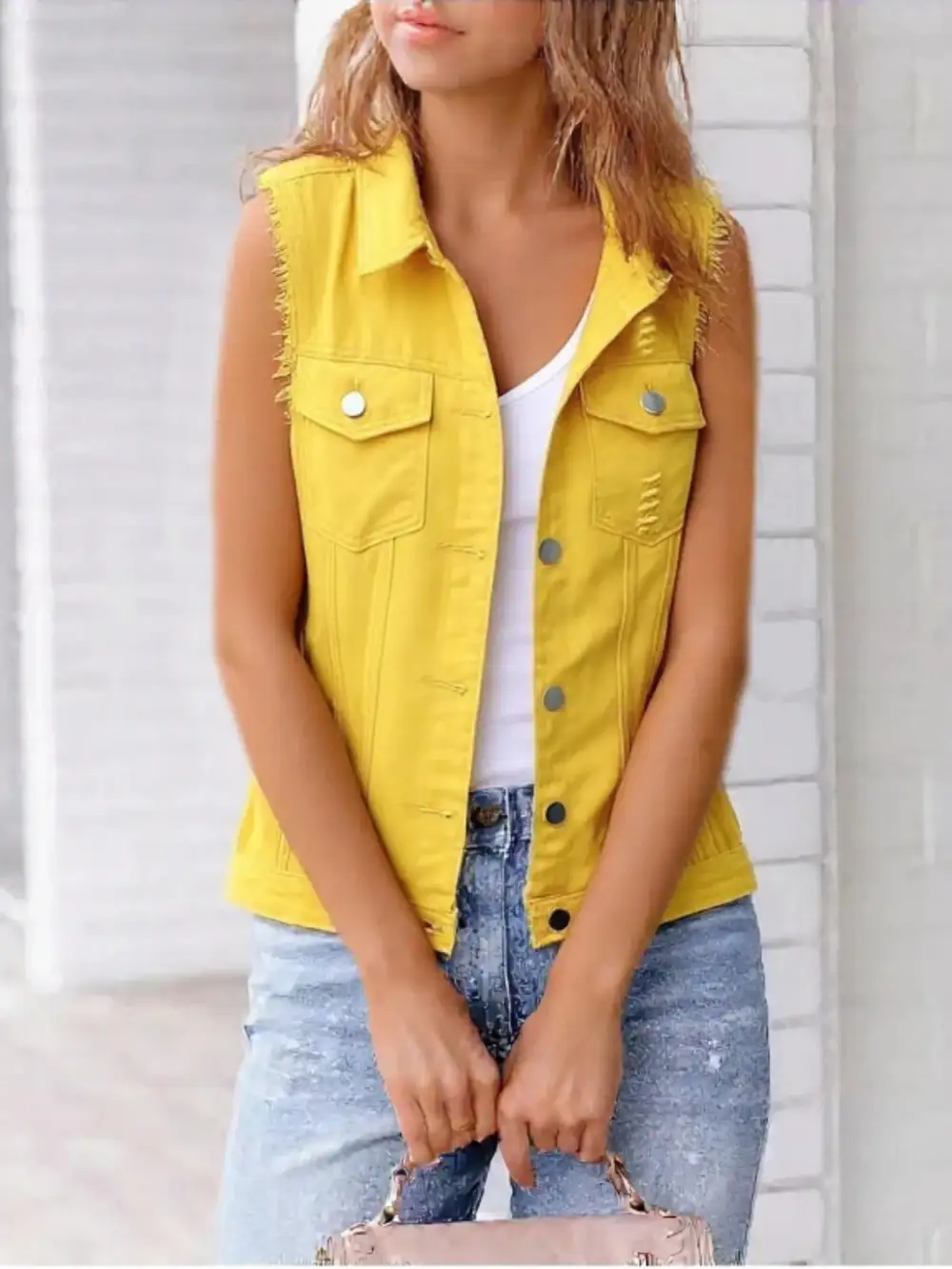 Full Size Sleeveless Frayed Denim