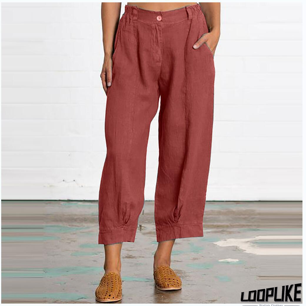 Linen Women Loose Capri Pants With Pockets