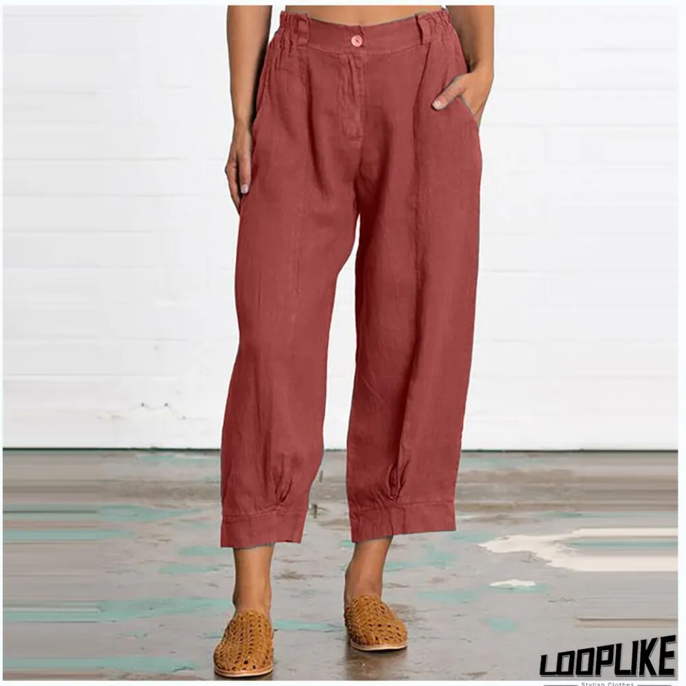 Linen Women Loose Capri Pants With Pockets