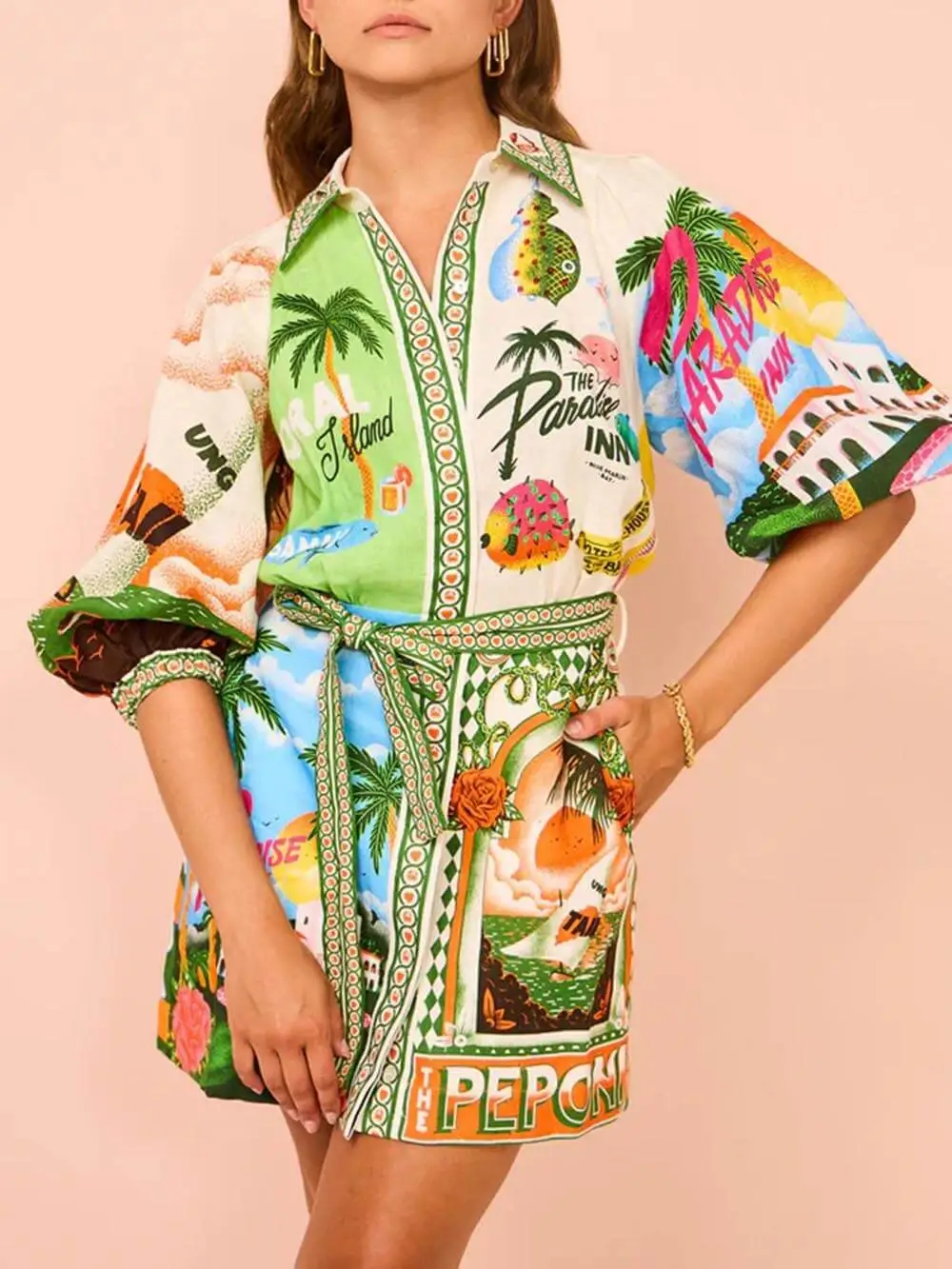 Casual Unique Printed Shirt Cardigan Mini Dress