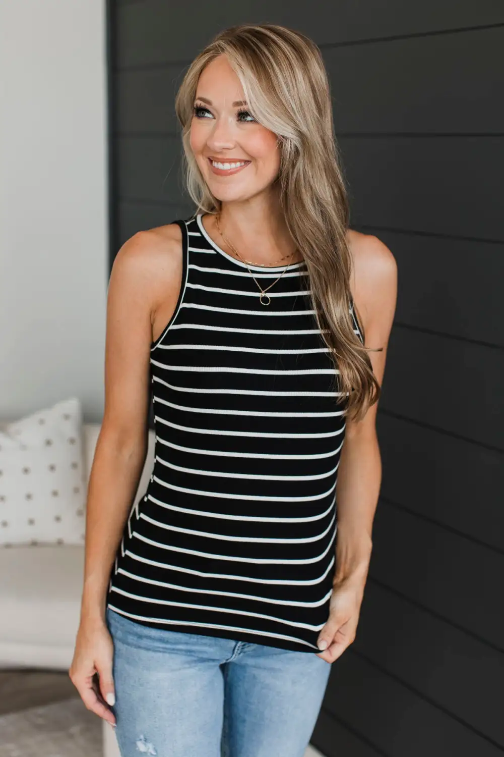 Uneventful Nights Striped Tank Top- Black