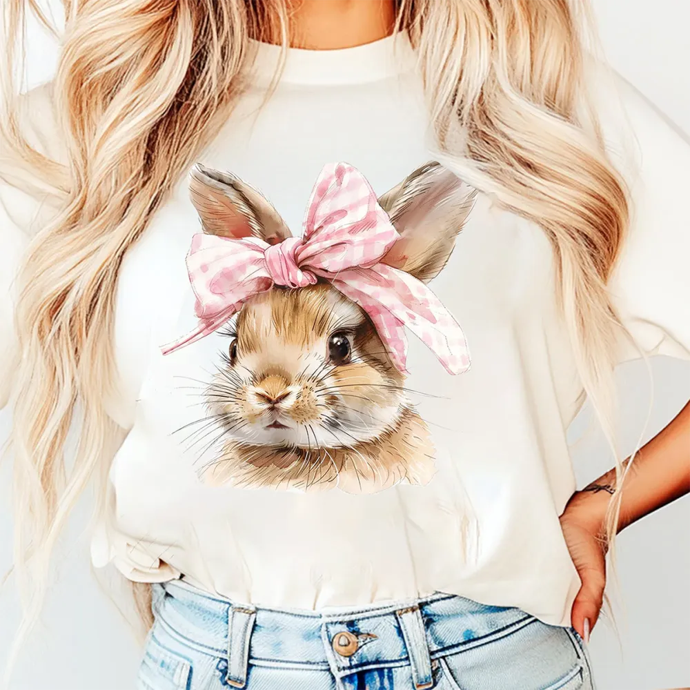 Bunny With A Bow Printed Round Neck Short Sleeve T-Shirt