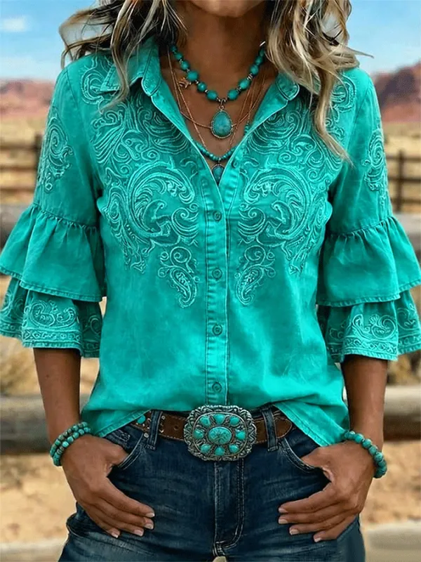 Women's Vintage Floral Print Casual Ruffle Lapel Shirt