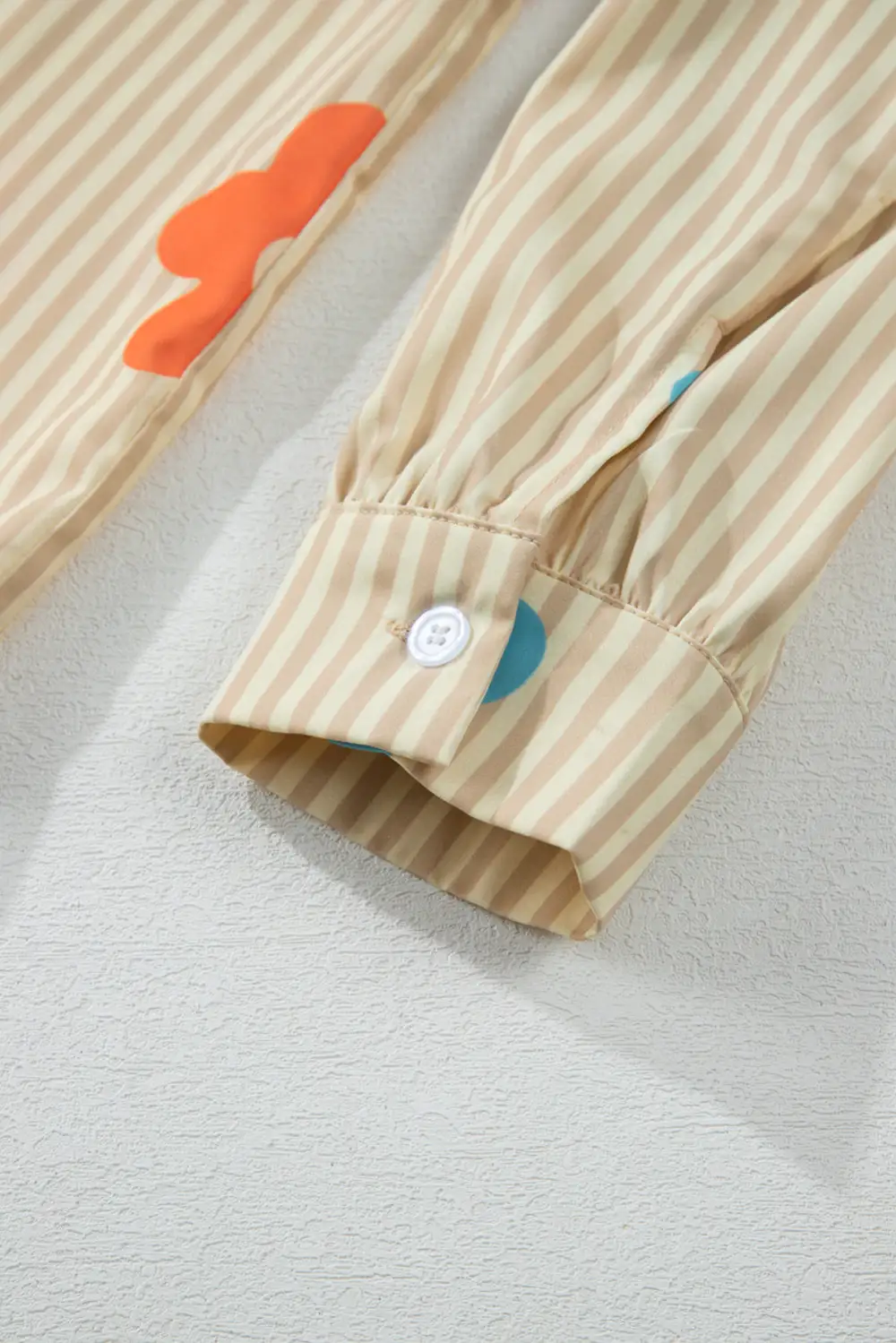 Apricot Stripe Flower Print Collared Button-Up Loose Fit Shirt