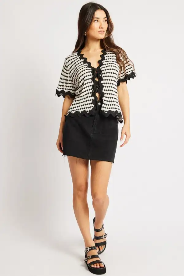 Multi Stripe Knit Cardigan Short Sleeve Tie Up