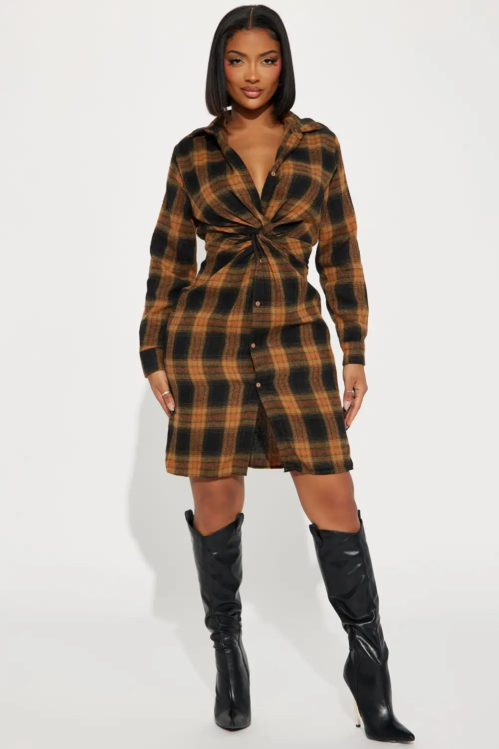Fall Flannel Midi Dress - Camel/combo