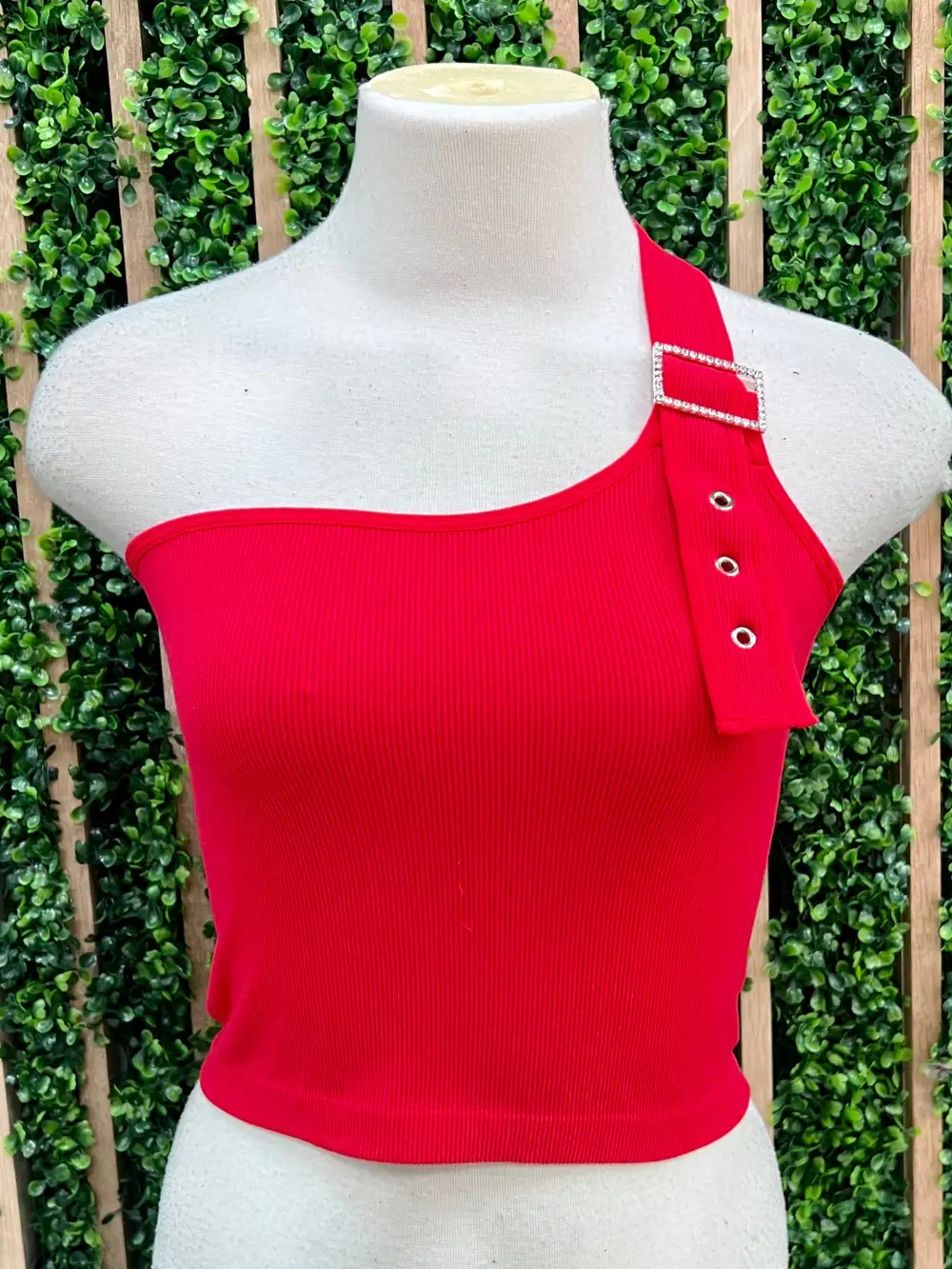 Rhinestone Buckle Asymmetric Shoulder Top