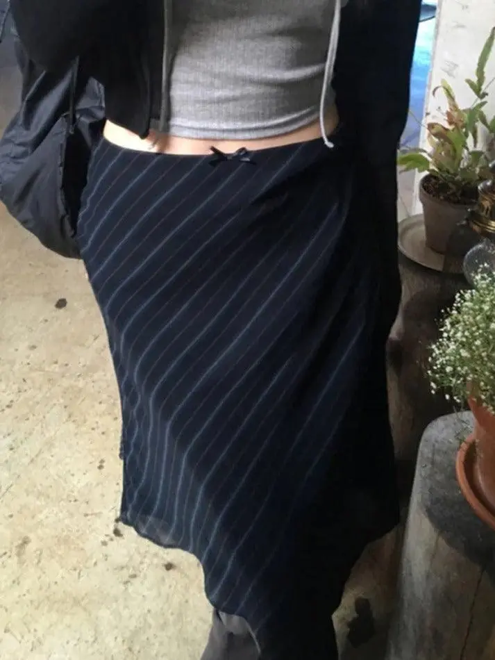 Vintage Stripe Double Layered Mesh Midi Skirt