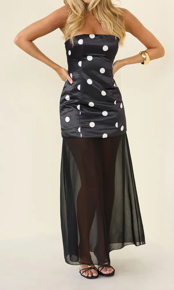 Satin Mesh Strapless Maxi Dress