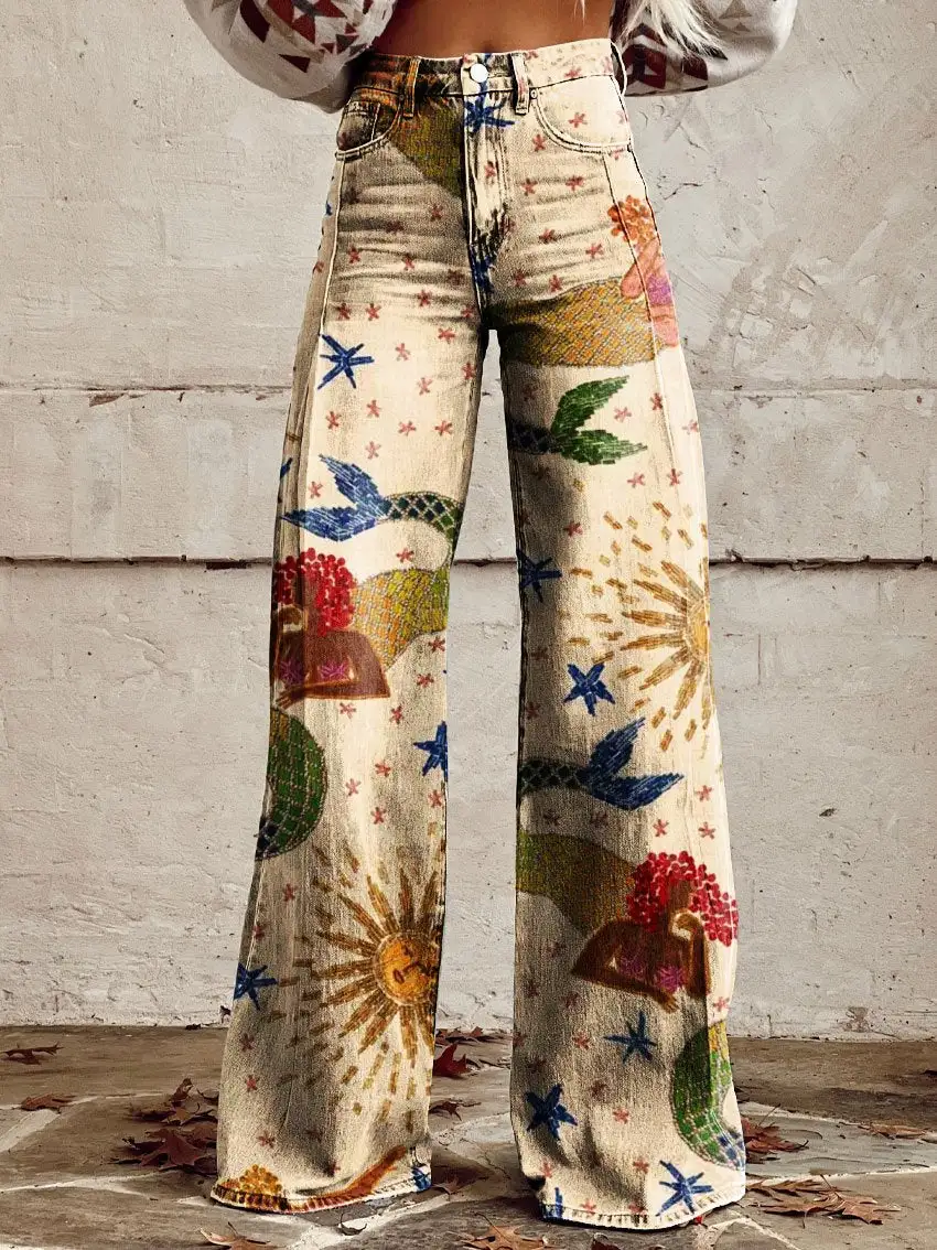 Women's Vintage Mermaid Art Print Casual Wide Leg Pants