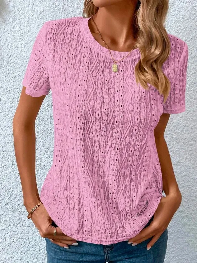 Loose Casual Crew Neck Solid Eyelet Embroidery Round Neck Tee