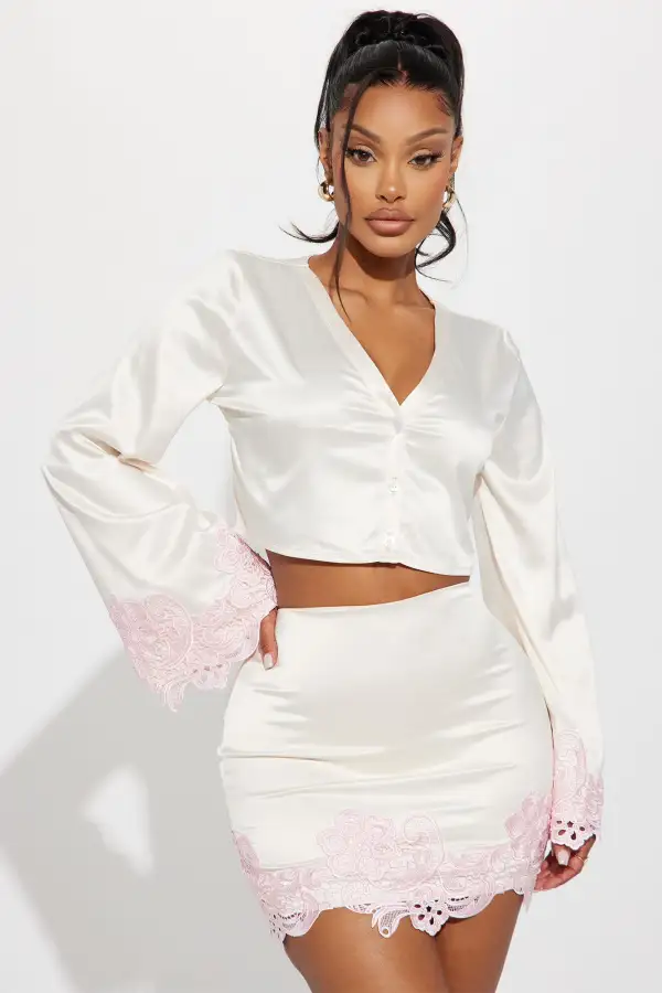 Staying Here Satin Skirt Set - Nude