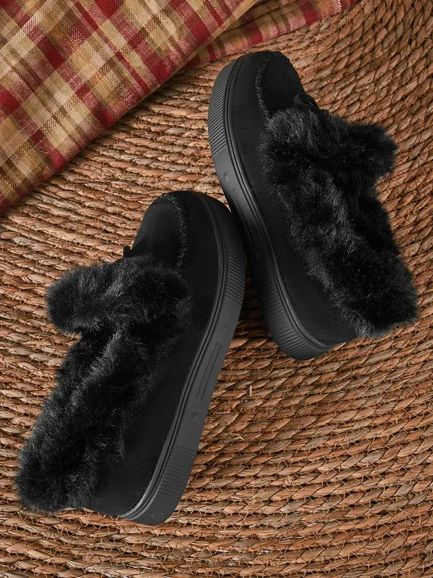 Vintage Plain All Season Wearable Daily Flat Shoes Faux Fur Slip On Deep Mouth Single Shoes for Women