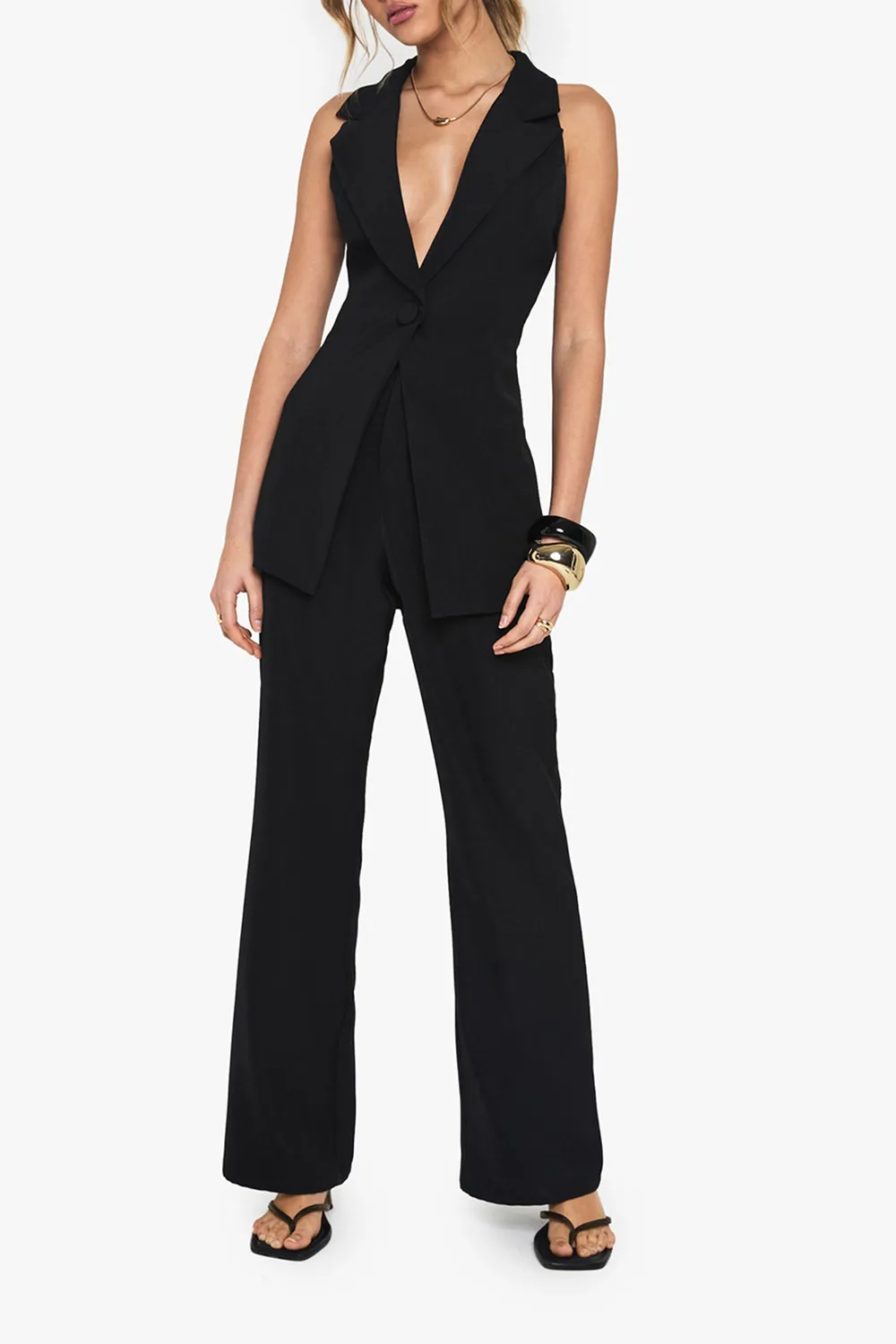 Sleeveless Deep V Single Button Ladies Vest