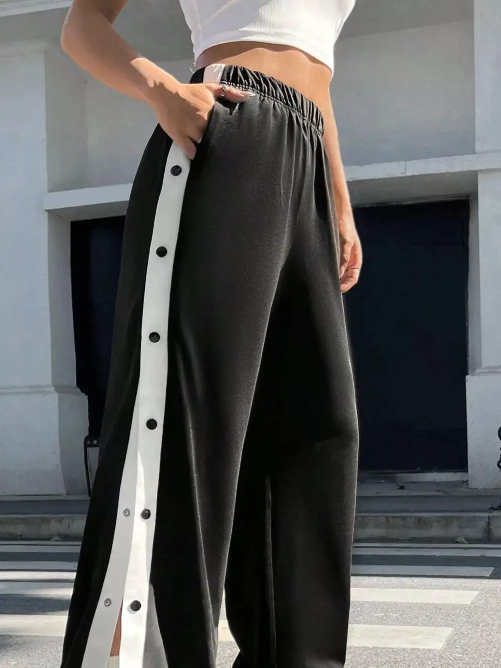 Two Tone Side Snap Wide Leg Pants