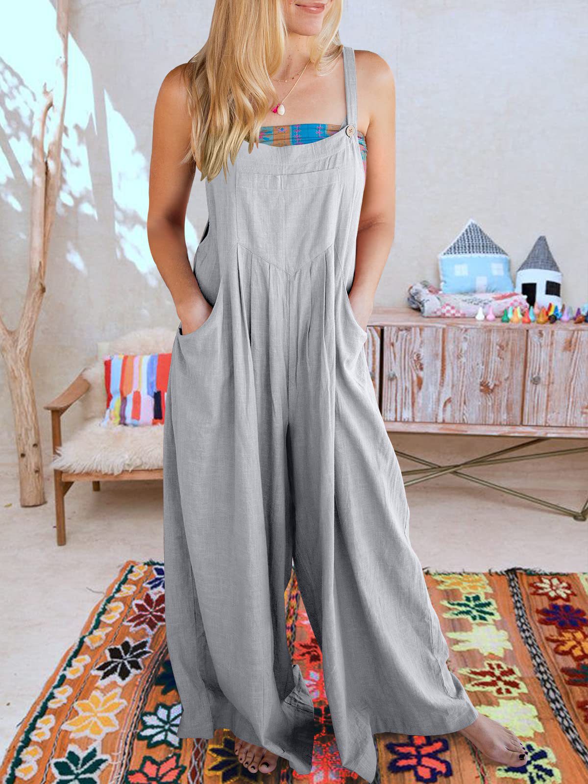 Solid Color Loose Casual Cotton And Linen Suspender Jumpsuit