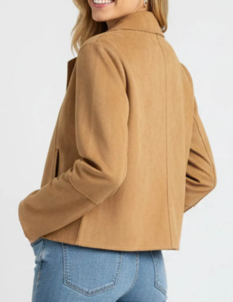 Faux Suede Lapel Collar Long Sleeve Cropped Jacket