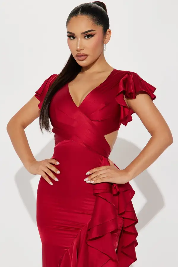 Carrie Satin Ruffle Maxi Dress - Red