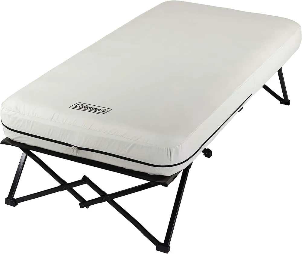 Camping Cot, Air Mattress, and Pump Combo, Folding Camp Cot and Air Bed with Side Table and Battery Operated Pump