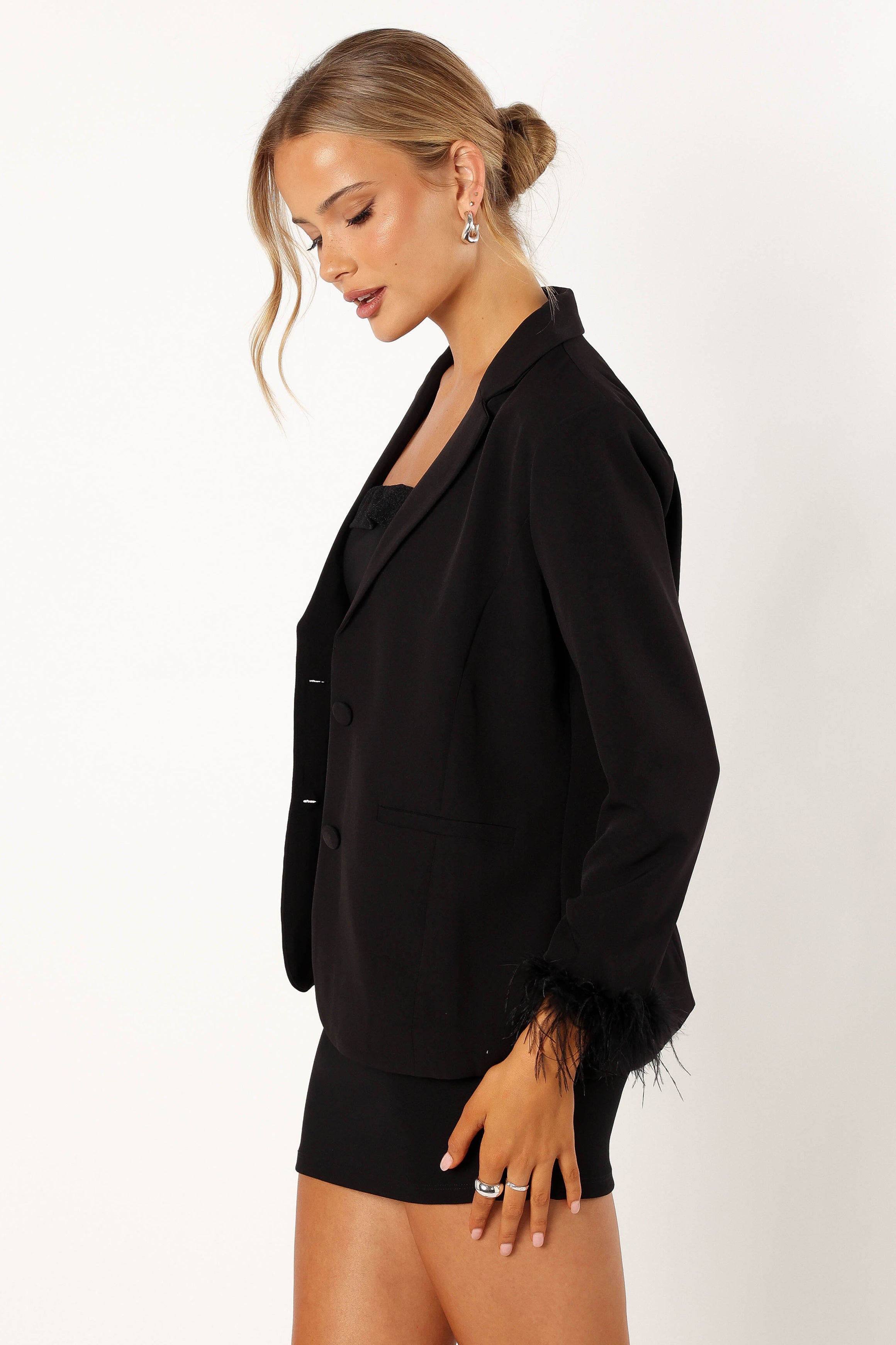 Rosemary Faux Feather Sleeve Blazer - Black