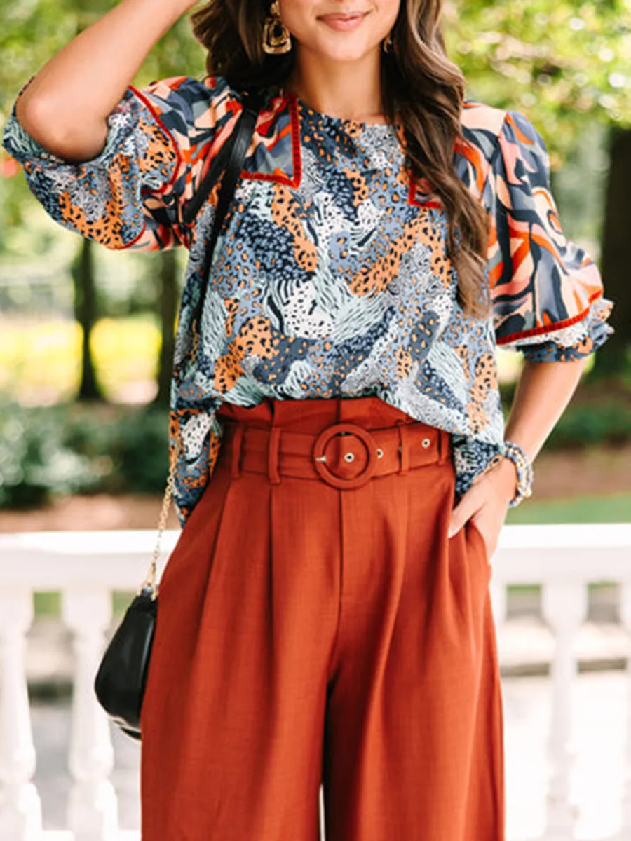 Blue mixed print quarter sleeve shirt