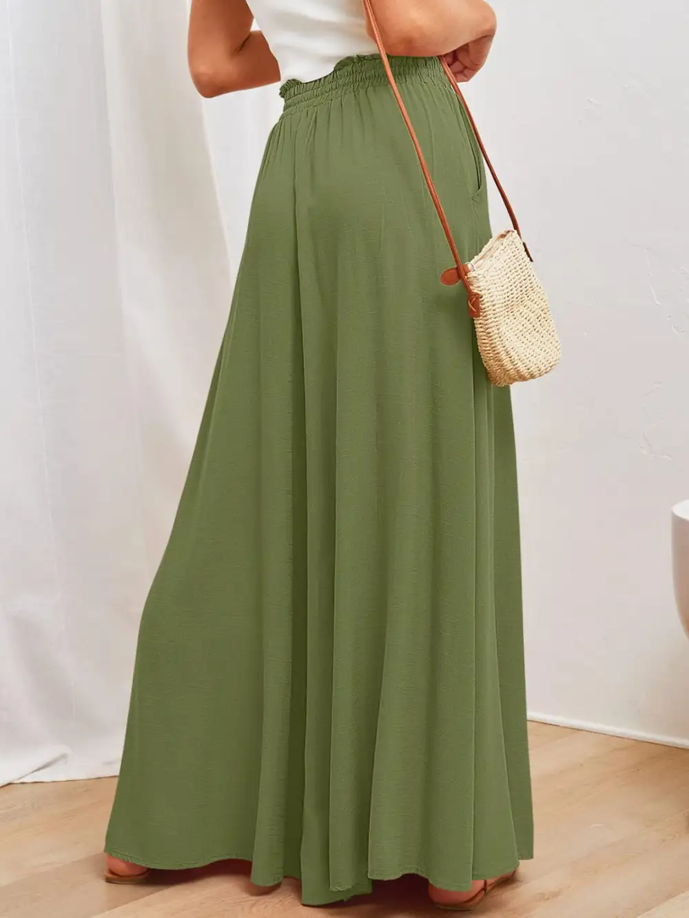 Textured Wide Leg Pants With Pocket