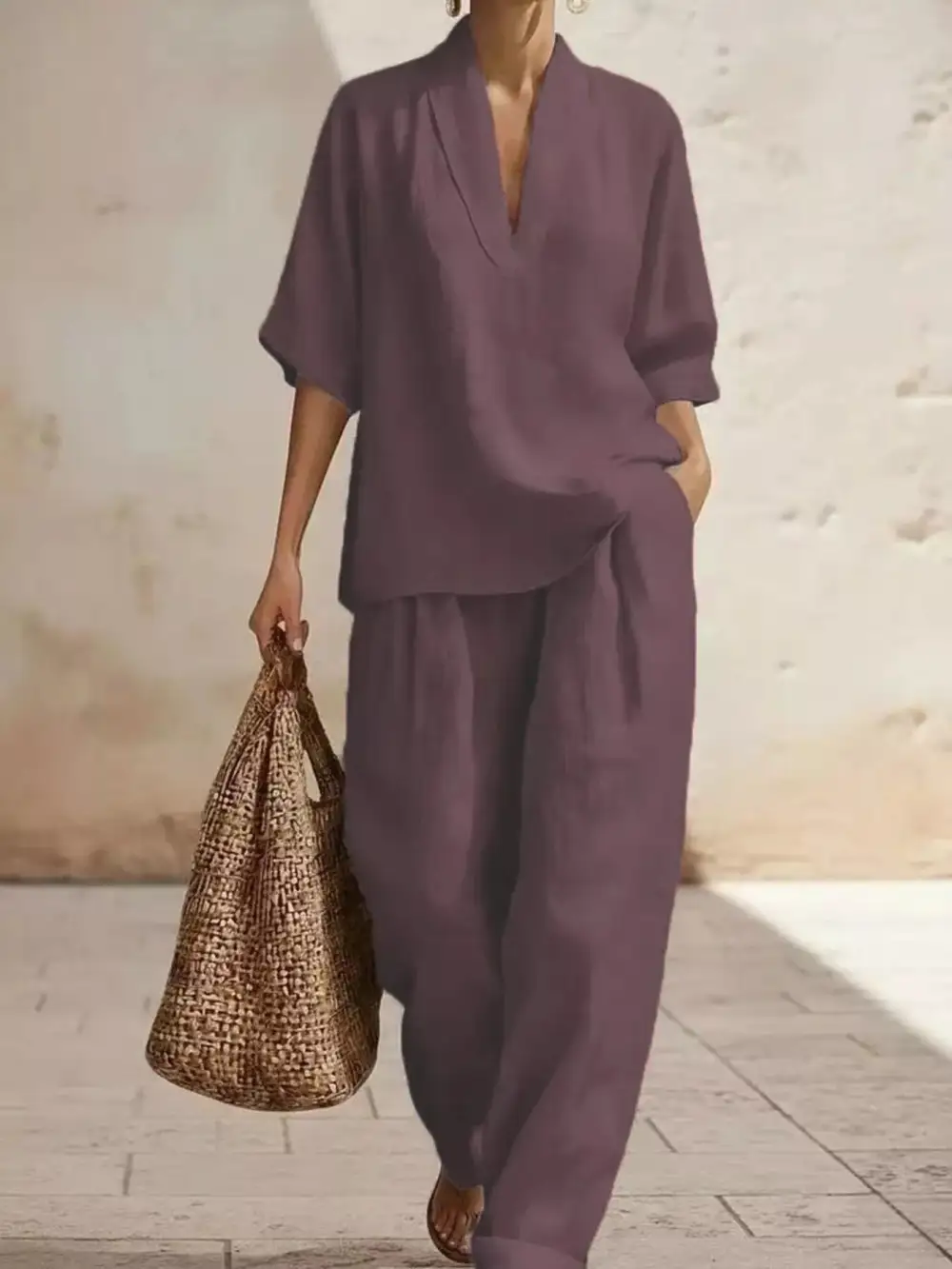 Relaxed Half Sleeve Top and Wide Leg Pants Set
