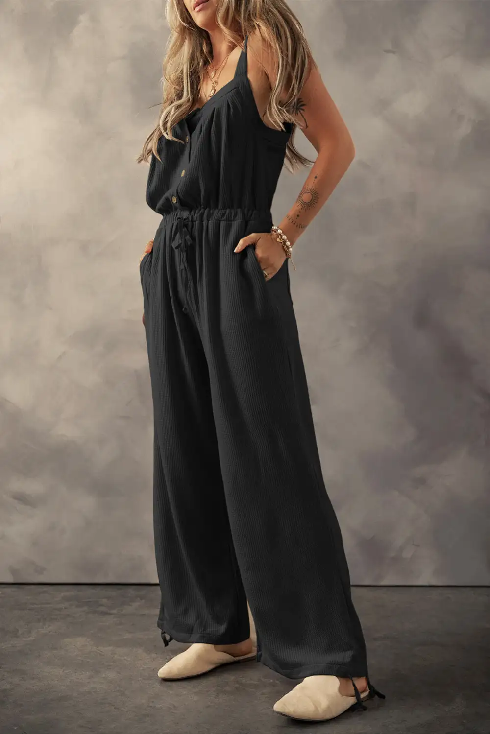Relaxed Knotted Straps Button Textured Drawstring Jumpsuit