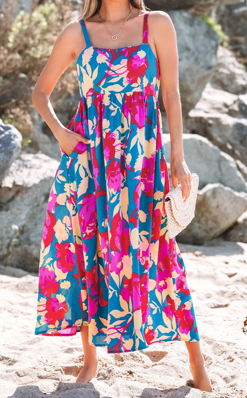 Dark Floral High Waist Sleeveless Flared Long Dress