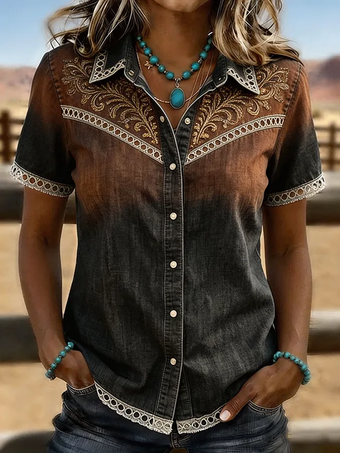 Women's Gradient Denim Floral Embroidered Western Button-Down Shirt