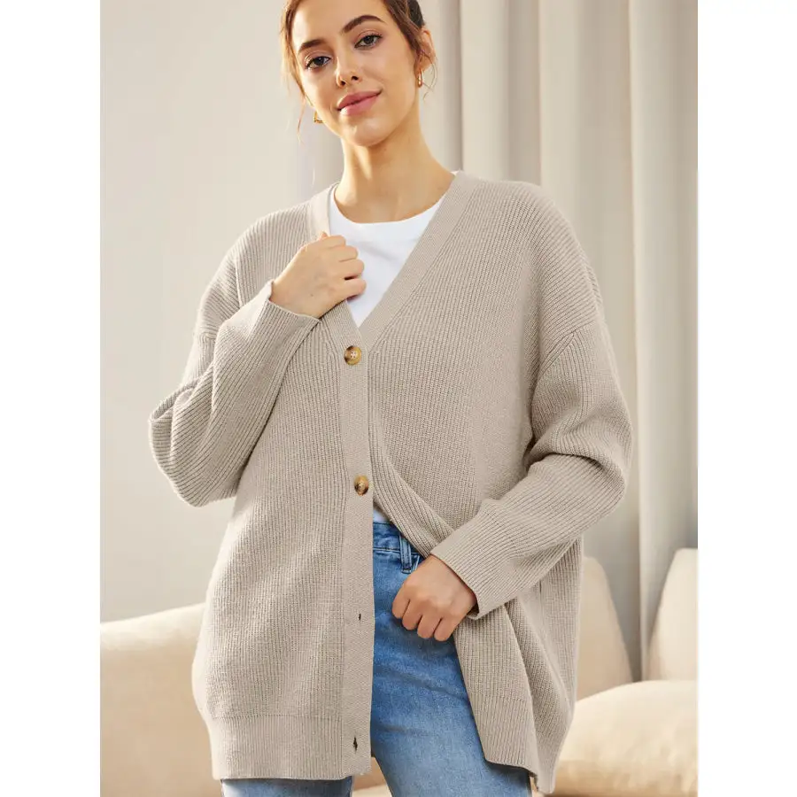 Button Down V Neck Long Sleeve Cardigan