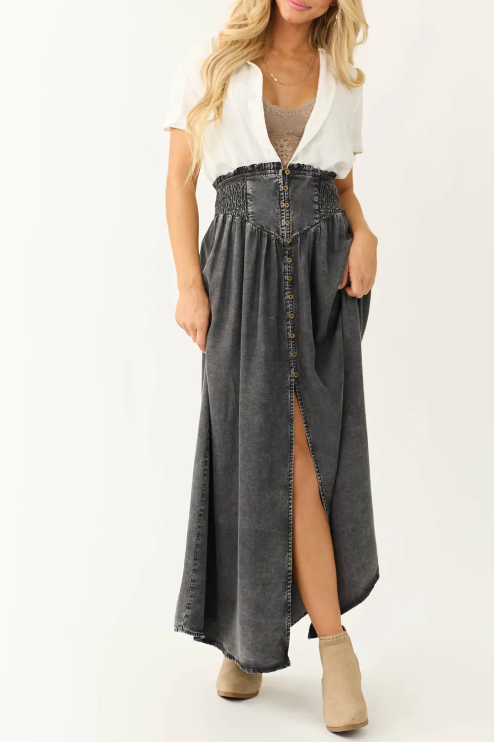Graphite Acid Washed Denim Smocked Maxi Skirt