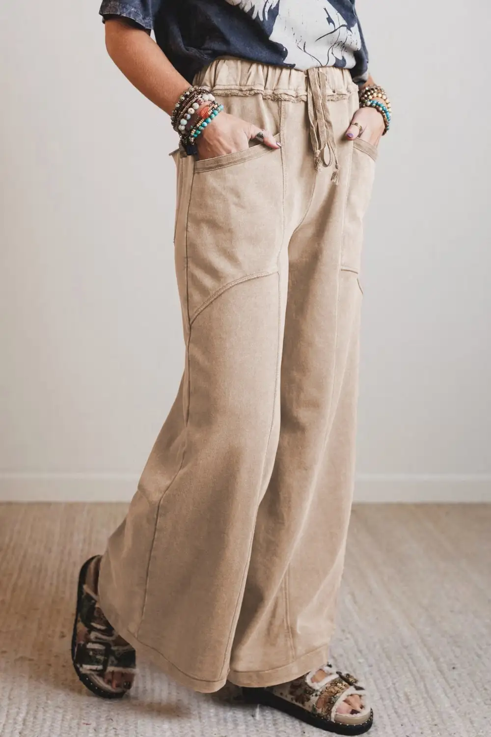 Wash Drawstring Retro High Rise Wide Leg Western Pants