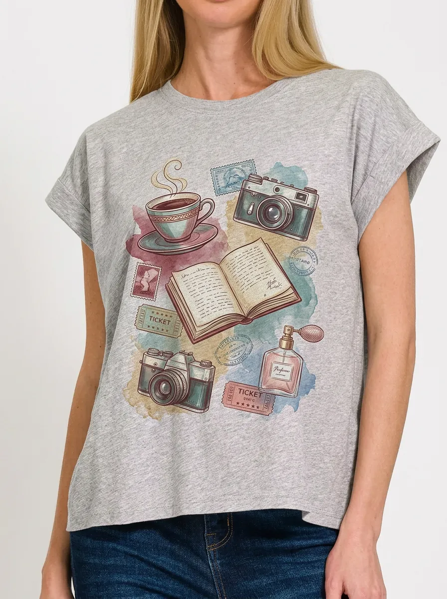 Women's Travel Hobbyist Vintage Camera Book Coffee Printed T-shirt