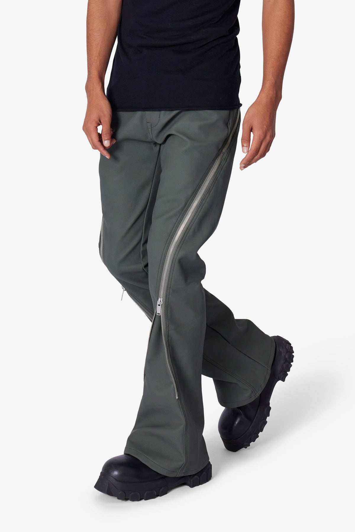 D519 Leather Zipper Flare Pants - Charcoal Grey