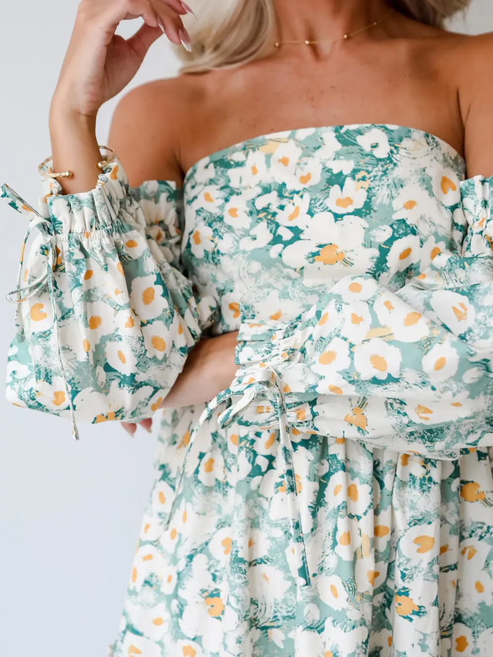 Sage Floral Off-The-Shoulder Midi Dress