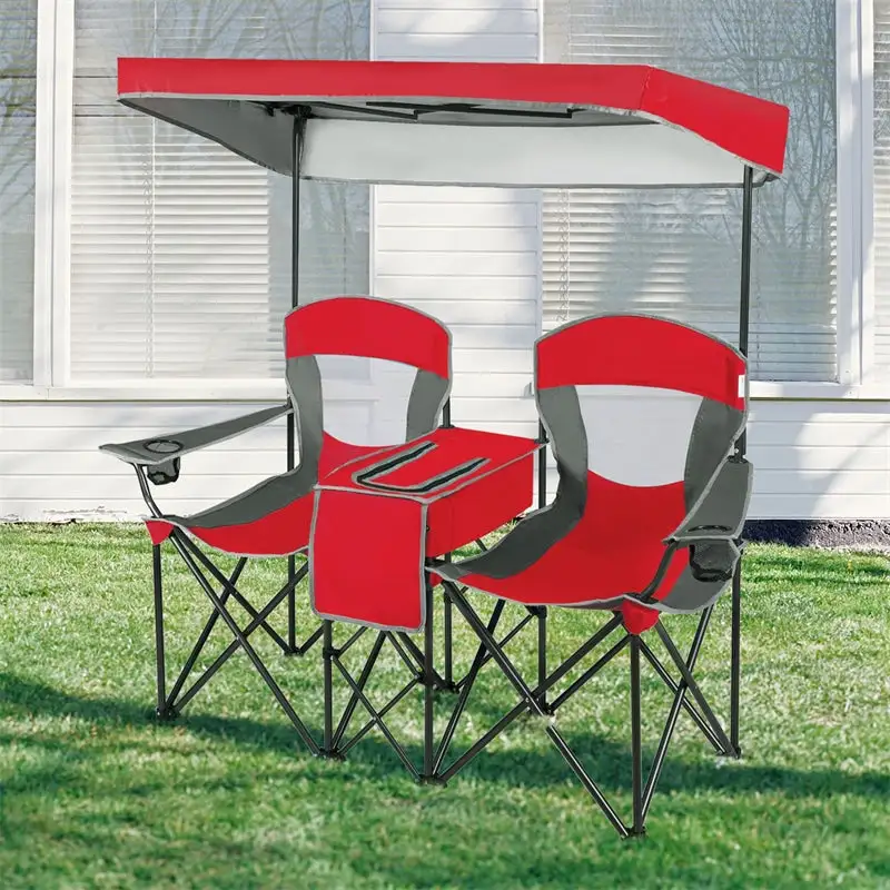 Folding Double Camping Chairs with Shade Canopy Portable Beach Chairs with Cup Holder