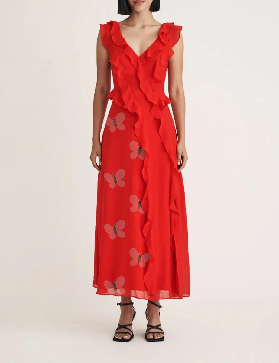 Red Ruffle Violetta Midi Dress