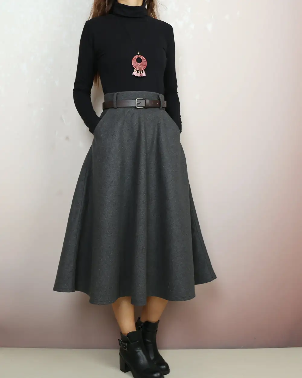 Relaxed Belted Wool Maxi Skirt