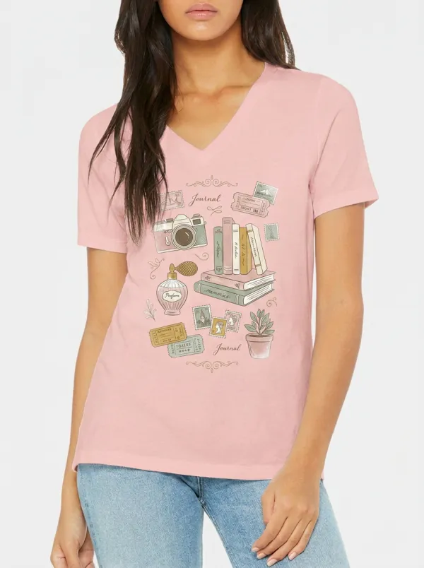 Women's Journaling Lover Vintage Stationery Printed V-Neck T-Shirt