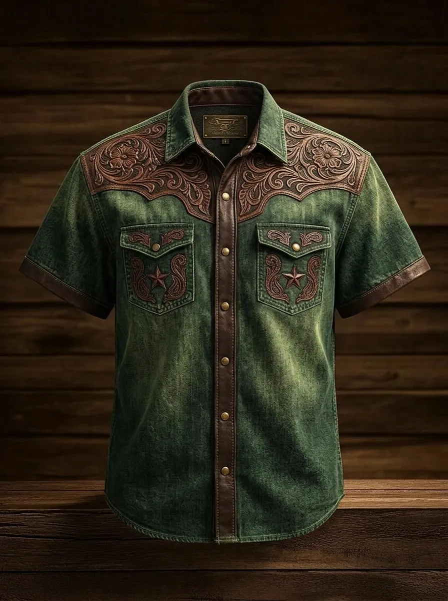 Men's Western Cowboy Floral Star Tooled Leather Printed Shirt
