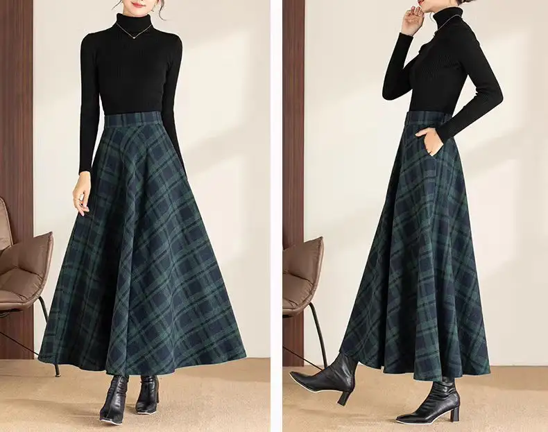 Relaxed Plaid Wool A Line Maxi Skirt