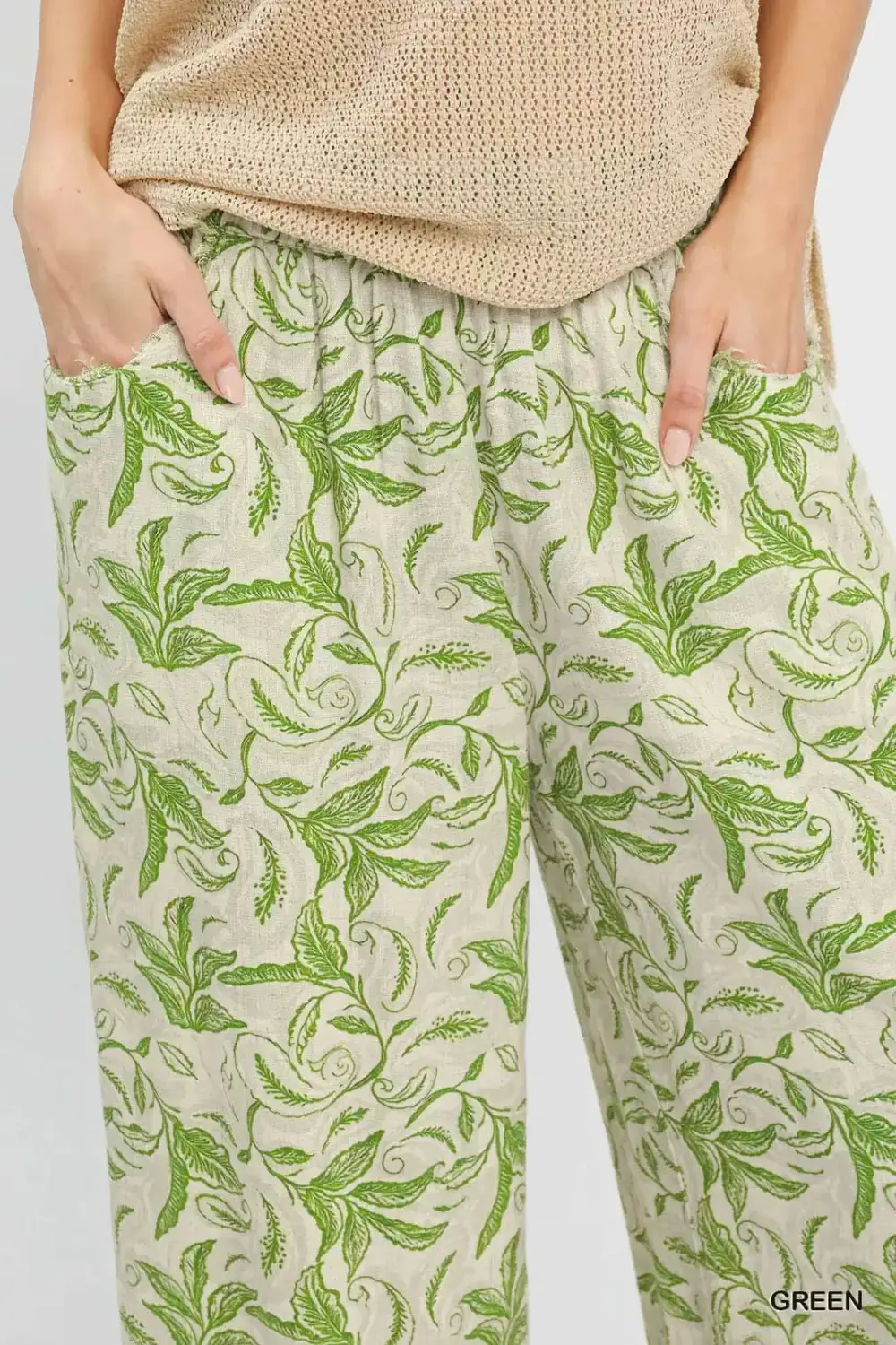 Everyday Linen Printed Wide Leg Raw Hem Pants