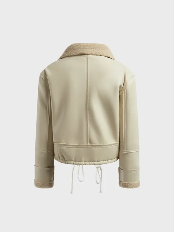 Pu Plain Pocket Shawl Collar Biker Jacket