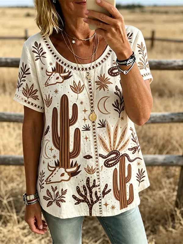 Women's Western Cactus Bull Skull Print Trim Short Sleeve Casual Top