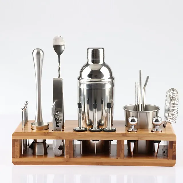 Cocktail Shaker Premium Set Stainless Steel 23-Piece Set with Big Wooden Frame Bar Cocktail Shaker