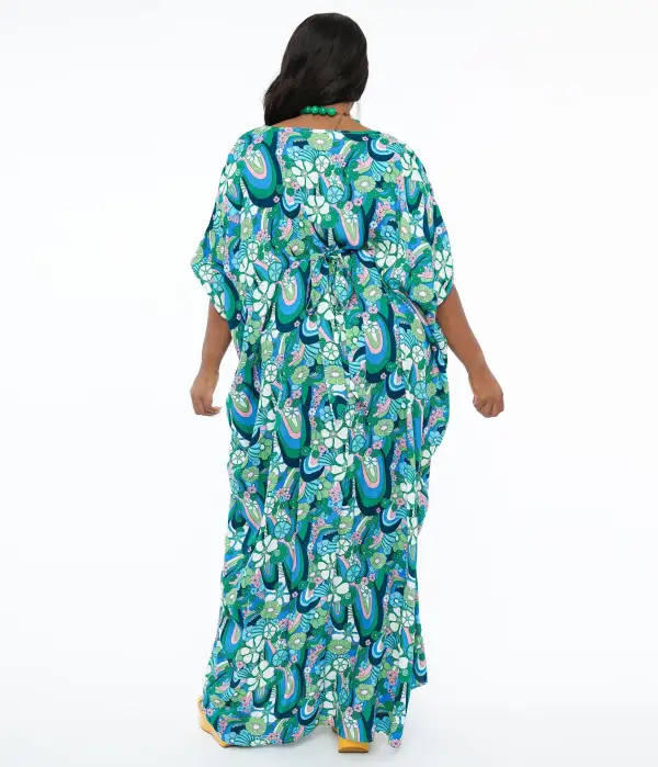 Unique Vintage 1970s Teal Psychedelic Floral Burton Caftan Dress